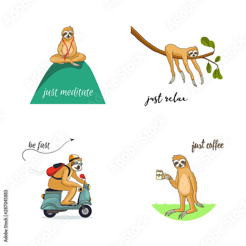 Set Adorable sloths meditate, sleep, drive, drink coffee. Tropical pattern for textile prints, cute stationery, print on the cups. Eps 8 Vector Illustration