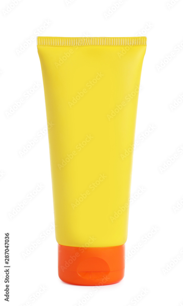 Tube with sun protection body cream on white background. Cosmetic product Tube with sun protection body cream on white background. Cosmetic product