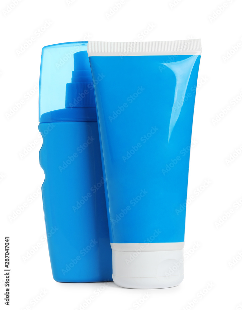 Composition with sun protection cosmetic products on white background Composition with sun protection cosmetic products on white background