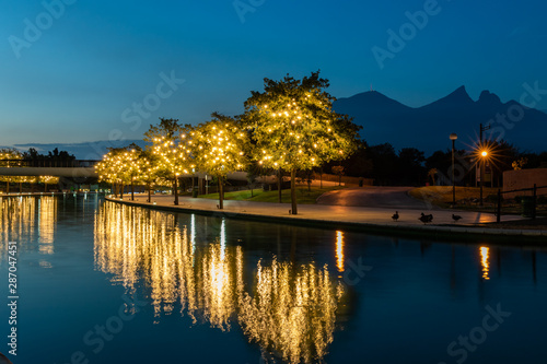 MONTERREY, NUEVO LEON / MEXICO - July 11, 2019: Dawn in the middle of the river walk in Monterrey