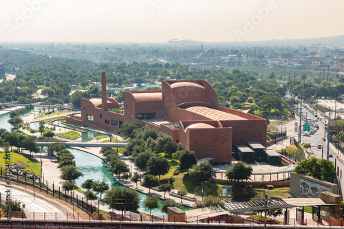 MONTERREY, NUEVO LEON / MEXICO - July 11, 2019: A panoramic view of the city of Monterrey and the Mexican Baseball Hall of Fame building during the day.