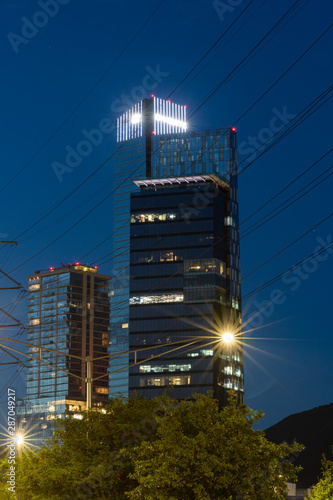 MONTERREY, NUEVO LEON / MEXICO - July 12, 2019: A night shot of the Banorte bank building in Monterrey at night.