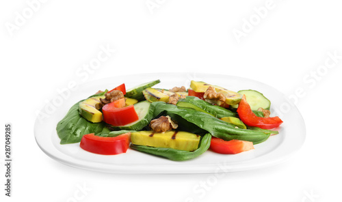 Delicious avocado salad with basil on white background