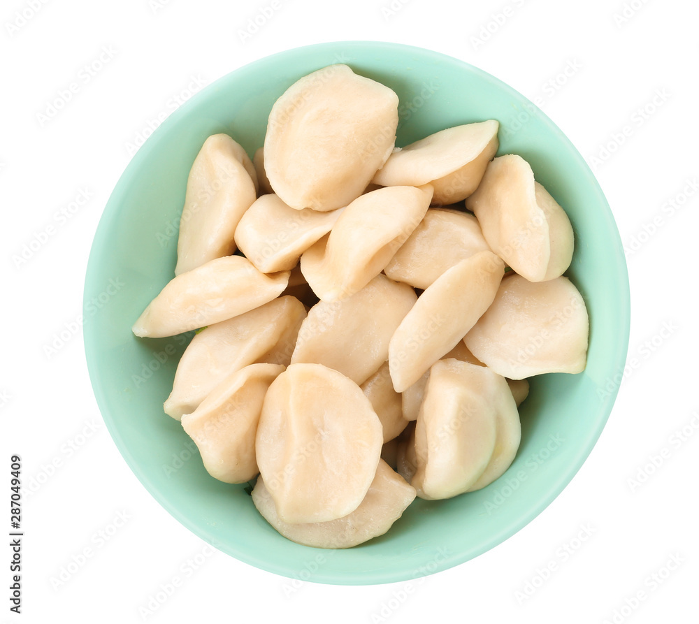 Delicious cooked dumplings in bowl on white background, top view Delicious cooked dumplings in bowl on white background, top view