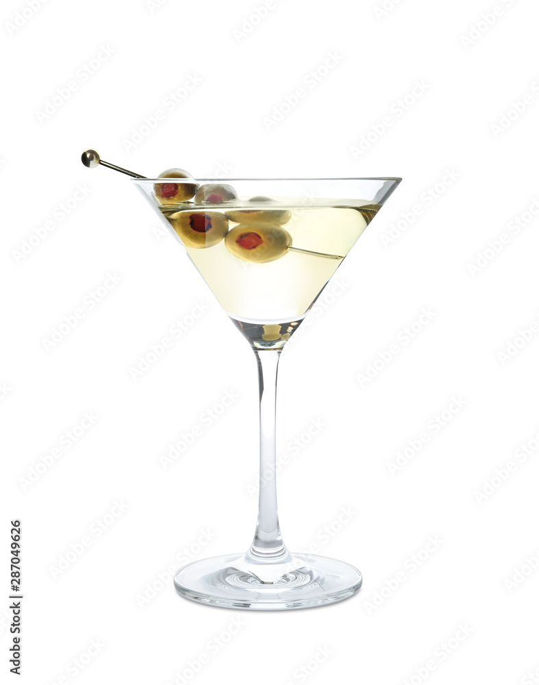 Glass of Classic Dry Martini with olives on white background