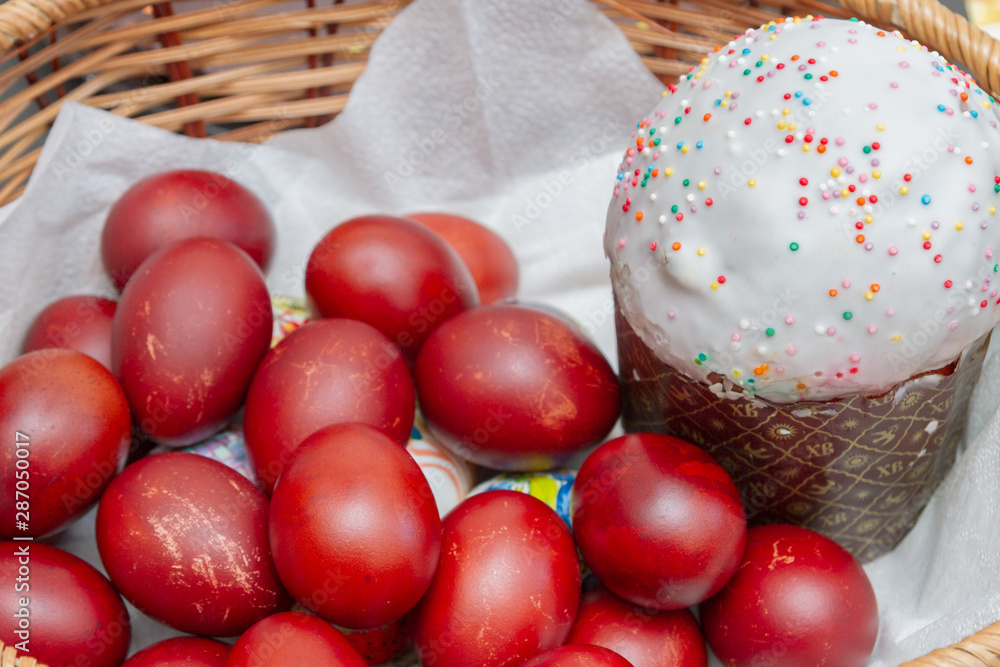 Easter spring cake with painted chicken eggs in a wicker basket Easter spring cake with painted chicken eggs in a wicker basket