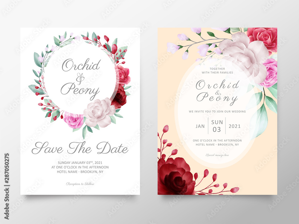 Wedding invitation cards template with watercolor flowers arrangements. Botanic decorative save the date, greeting, thank you, rsvp cards. Wedding invitation cards template with watercolor flowers arrangements. Botanic decorative save the date, greeting, thank you, rsvp cards.