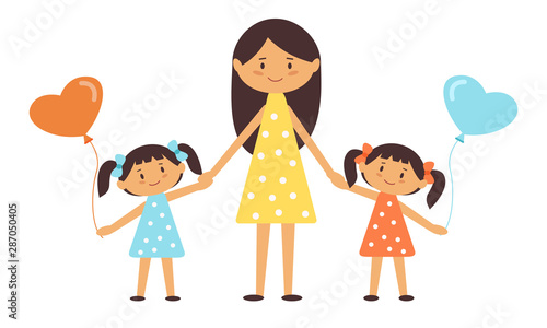 Mom and daughters hold hands, spend time together. Little girls holding balloons.