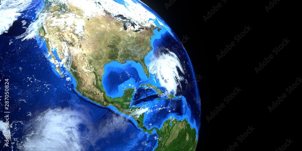 Extremely detailed and realistic high resolution 3d illustration of Hurricane Dorian approaching the US east coast. Shot from Space. Elements of this image are furnished by NASA.