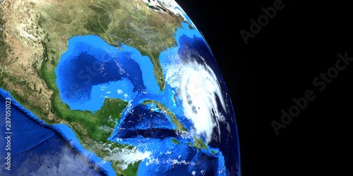 Fototapeta Naklejka Na Ścianę i Meble -  Extremely detailed and realistic high resolution 3d illustration of Hurricane Dorian approaching the US east coast. Shot from Space. Elements of this image are furnished by NASA.