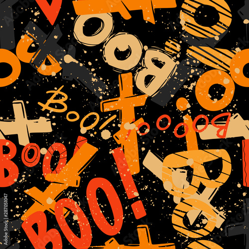 Abstract seamless halloween pattern for girls, boys, clothes. Creative background with scary lement. Funny wallpaper for textile and fabric. Fashion style. Colorful bright