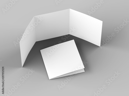 Open tri-folded leaflet in square format. 3d illustration © neva