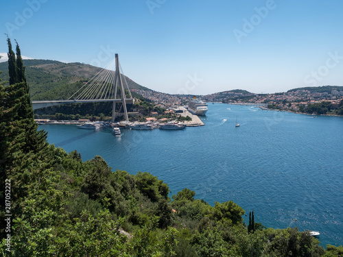 Croatia, august 2019: The Franjo Tudjman bridge and blue lagoon with harbor of Dubrovnik, Dalmatia.