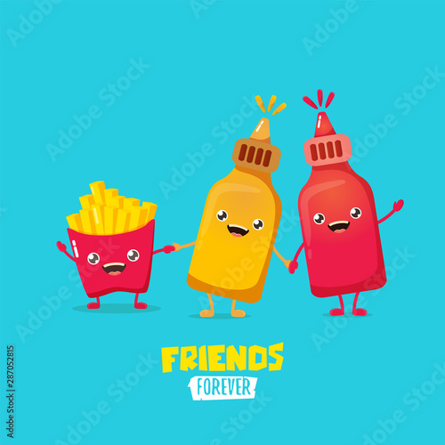 funny cartoon cute smiling ketchup bottle, mustard bottle and potatoe french fries characters set . food flat funky character. Best friends or friendsip concept