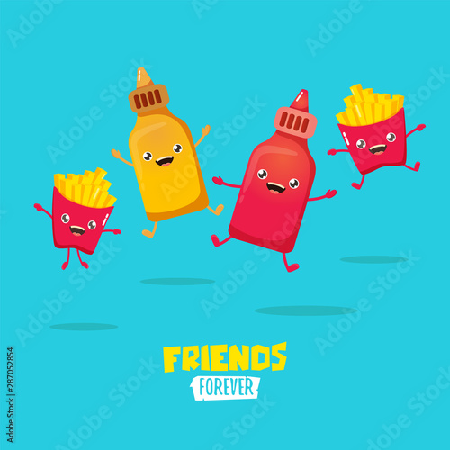 funny cartoon cute smiling ketchup bottle, mustard bottle and potatoe french fries characters set . food flat funky character. Best friends or friendsip concept