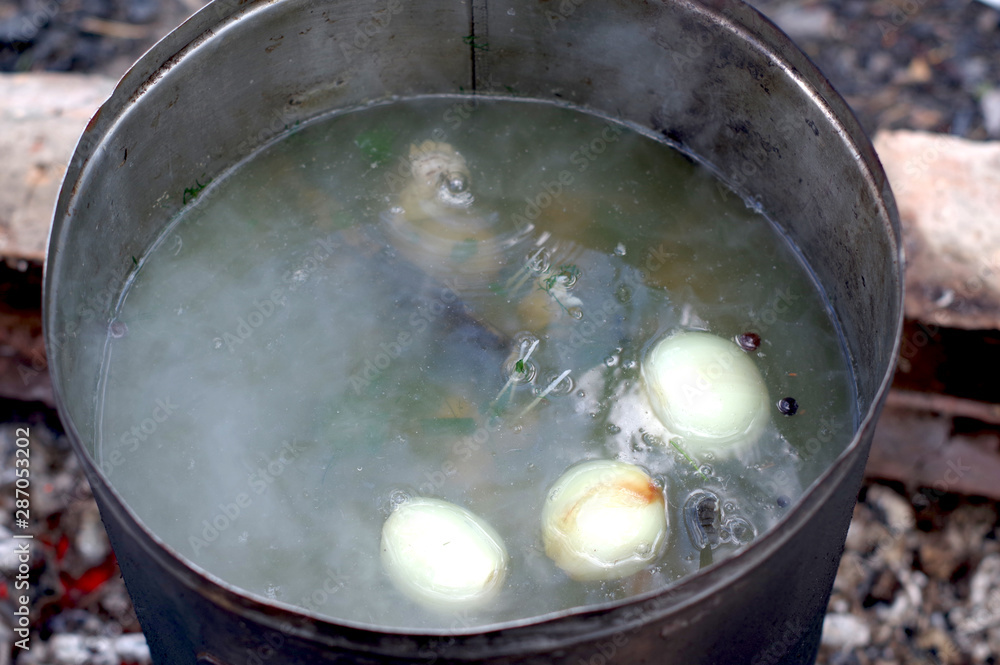Cooking broth from fish. Cooking fish soup in a forest. Cooking broth from fish. Cooking fish soup in a forest.