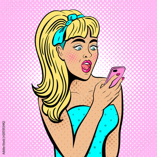 Attractive girl with wide open eyes and mouth  with phone in the hand in comic style. Pop art woman holding smartphone. Digital advertisement female model reading the message. Illustration.