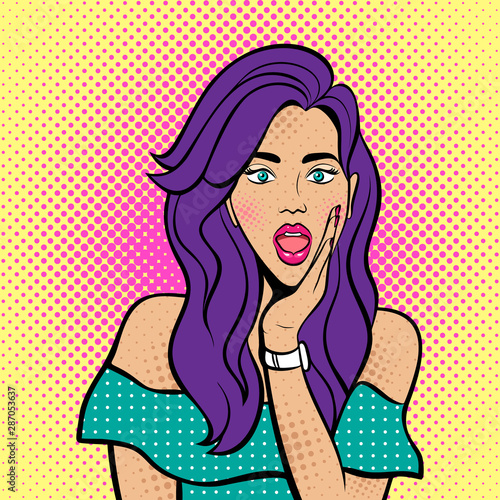 Sexy woman with open eyes and mouth and rising hand. Vector Illustration in comic style retro pop art. Advertising Pop Art poster or invitation to a party. Face close-up.