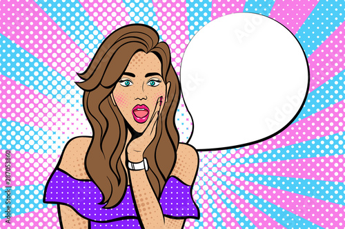 Sexy woman with open eyes and mouth and rising hand. Vector Illustration in comic style retro pop art. Girl with the speech bubble. Advertising Pop Art poster or invitation to a party.