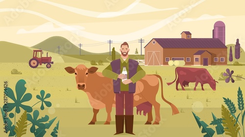 Happy smiling young man or farmer with cows milk in bottle at cowshed on dairy farm.Vector illustration