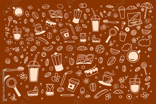 Doodle coffee with brown background, drawing line art about cafe and stuff such as hot and iced coffee menu in the shop or co-working space.