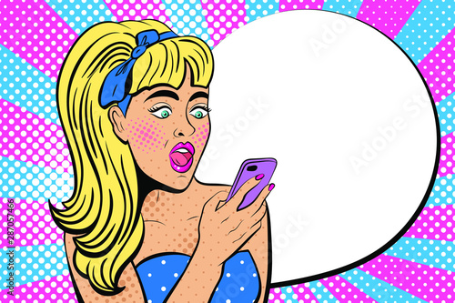Attractive girl with wide open eyes and mouth, with phone in the hand in comic style. Pop art woman holding smartphone. Digital advertisement female model reading the message. Vector Illustration.