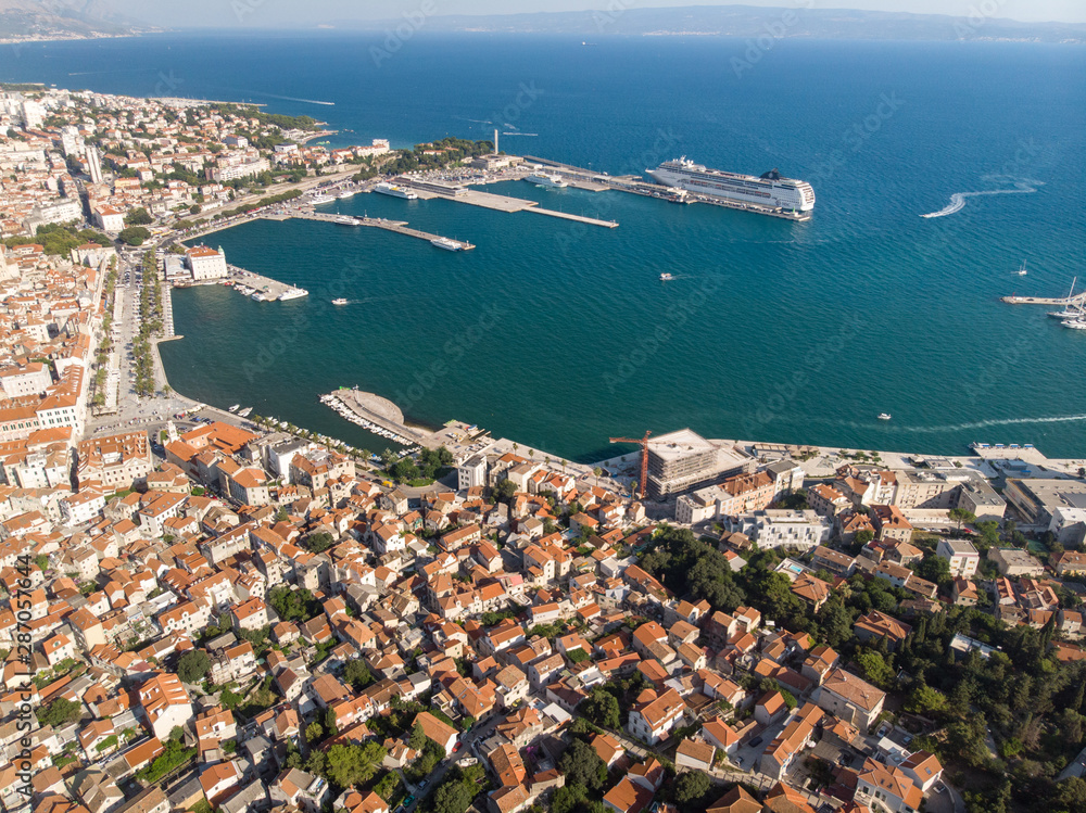 Croatia, august 2019: Aerial view of Split - the largest of the Dalmatian cities and one of the oldest in the area. It has the examples of Romanesque, Gothic, Renaissance and Baroque architecture