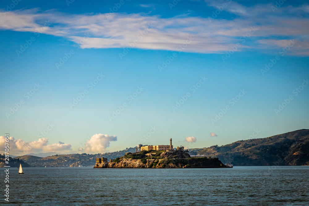 Alcatraz island with late evening sun higlighting the buildings