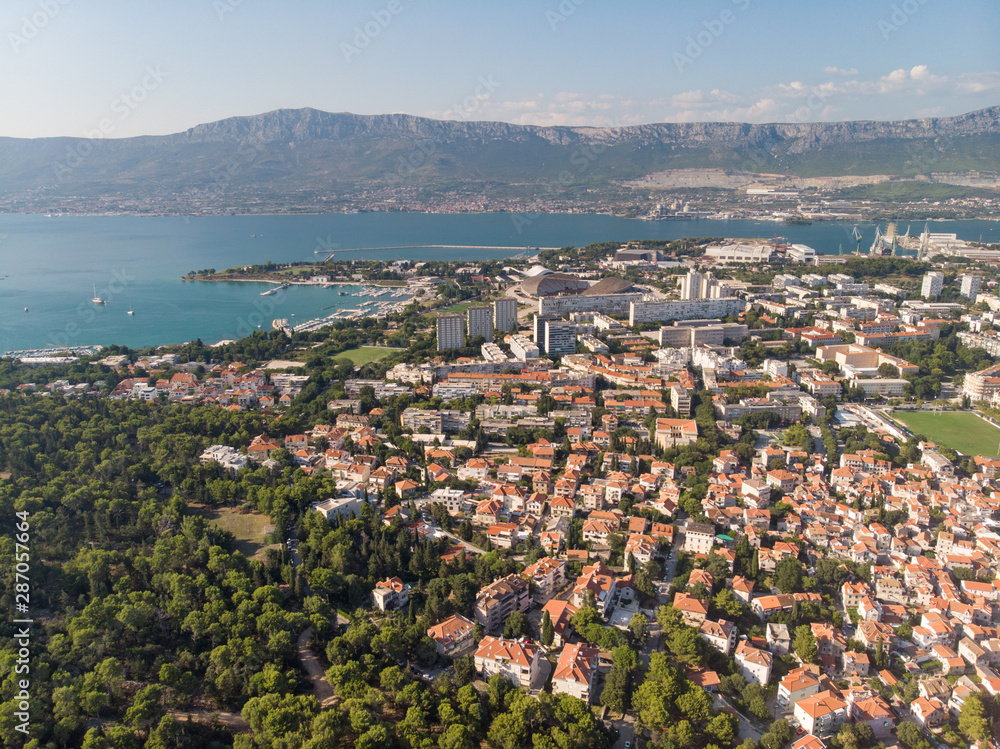 Croatia, august 2019: Aerial view of Split - the largest of the Dalmatian cities and one of the oldest in the area. It has the examples of Romanesque, Gothic, Renaissance and Baroque architecture