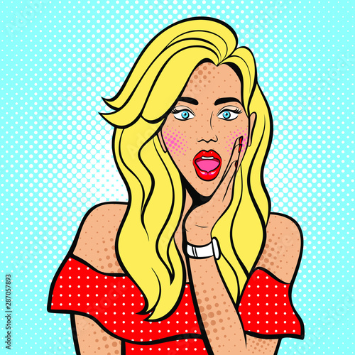 Sexy woman with open eyes and mouth and rising hand. Vector Illustration in comic style retro pop art. Advertising Pop Art poster or invitation to a party. Face close-up.