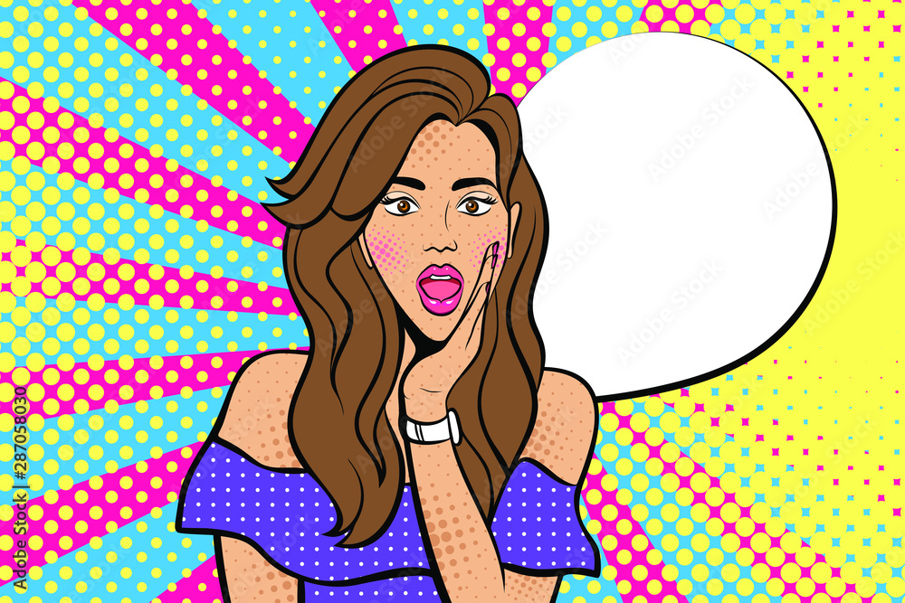 Sexy woman with open eyes and mouth and rising hand. Vector Illustration in comic style retro pop art. Advertising Pop Art poster or invitation to a party. Face close-up. Sexy woman with open eyes and mouth and rising hand. Vector Illustration in comic style retro pop art. Advertising Pop Art poster or invitation to a party. Face close-up.