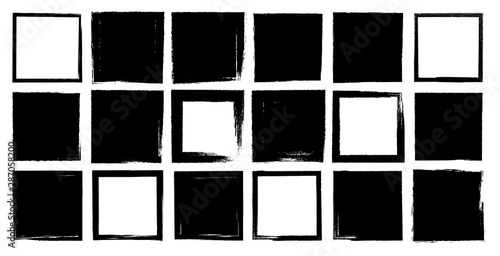 Set of vector squares with irregular stroke. Rough brush strokes. squares full and with lines.