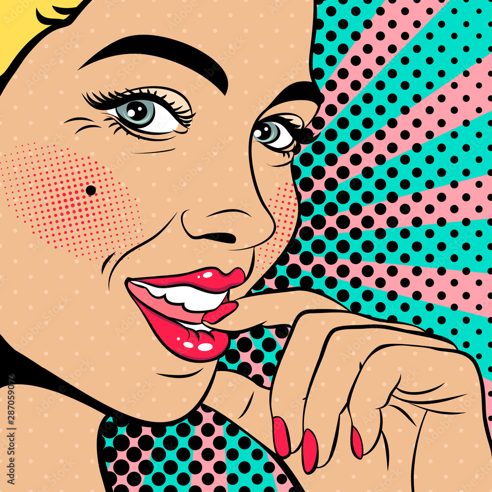 Sexy Blonde Pop Art Woman With Squinted Eyes And Open Mouth Vector