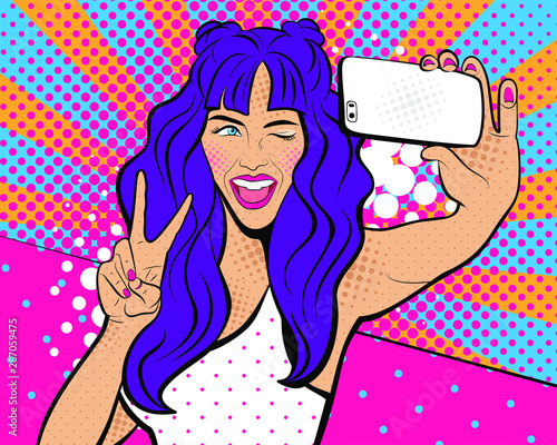 Attractive sexy girl with open eyes and mouth, with phone in the hand in comic style. Pop art woman holding smartphone. Digital advertisement, girl making selfie. Vector Illustration.