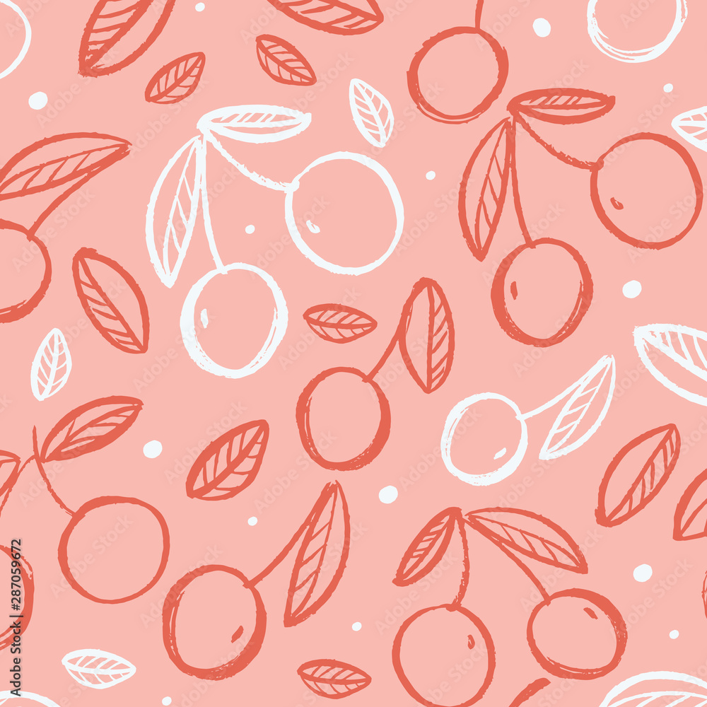 Pink pattern with hand drawn cherries.Perfect design for posters, cards, textile, web pages. Pink pattern with hand drawn cherries.Perfect design for posters, cards, textile, web pages.