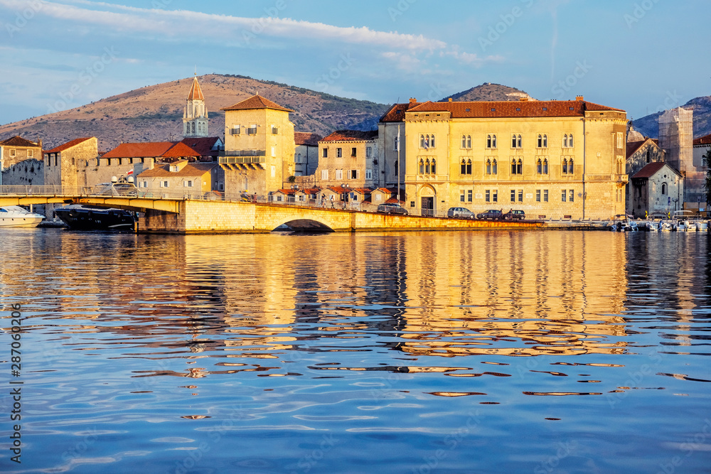Old town Trogir is mirroring in sea, Croatia, sunrise time