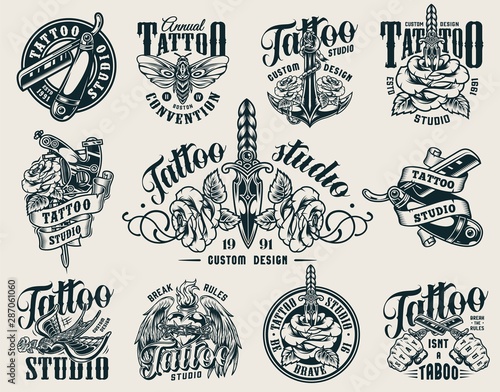 Vintage tattoo studio monochrome emblems