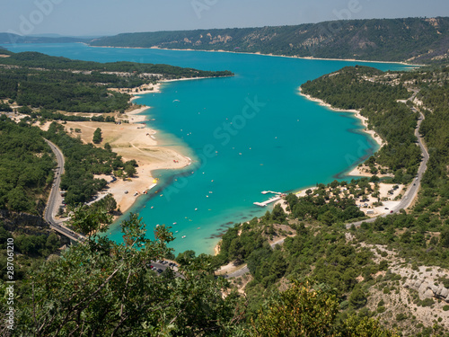 France, July 2019: View to the lake of Sainte-Croix, Verdon Gorge, Provence, near Moustiers-Sainte-Marie, department Alpes-de-Haute-Provence, region Provence-Alpes-Cote d'Azur