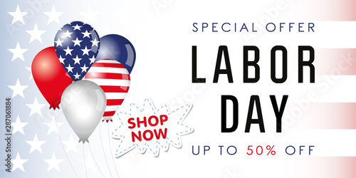 Happy Labor Day sale banner. Balloons painted in colours of the american flag, text congrats. Isolated abstract graphic design template. Special offer poster, baloons, up to 50% percent off web banner