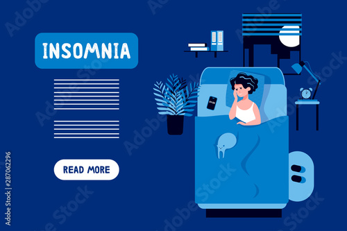 Sleepy woman trying to fall asleep. Stress, depression, disorder, nightmares. Tired face.Biological rhythms disturbance. Sleeplessness concept. Flat vector illustration. Insomnia landing page template