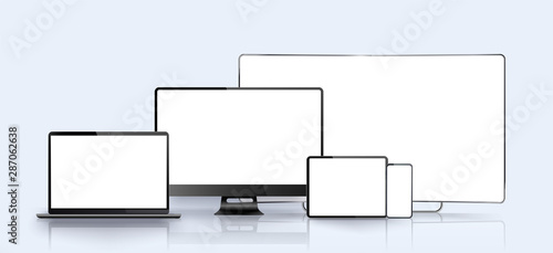 Vector minimalistic 3d isometric illustration set device. Smartphone, laptop, tablet, tv perspective view. Side and top view. Mock up generic device. Template for infographics or presentation 