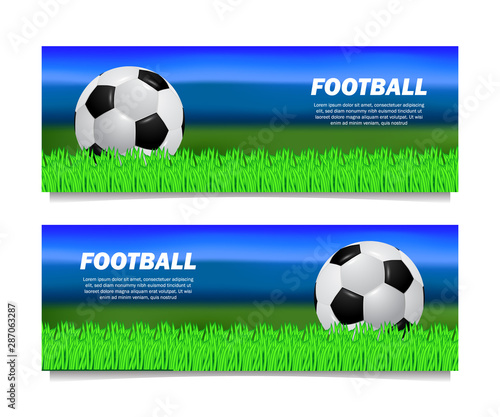 football soccer 3D realistic ball illustration banner template with green grass field