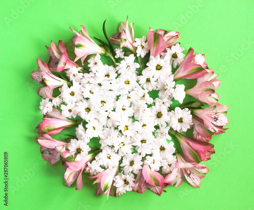 Composition of white chrysanthemum and rose Alstroemeria flowers round circle on green background floral pattern frame, top view, flat lay
