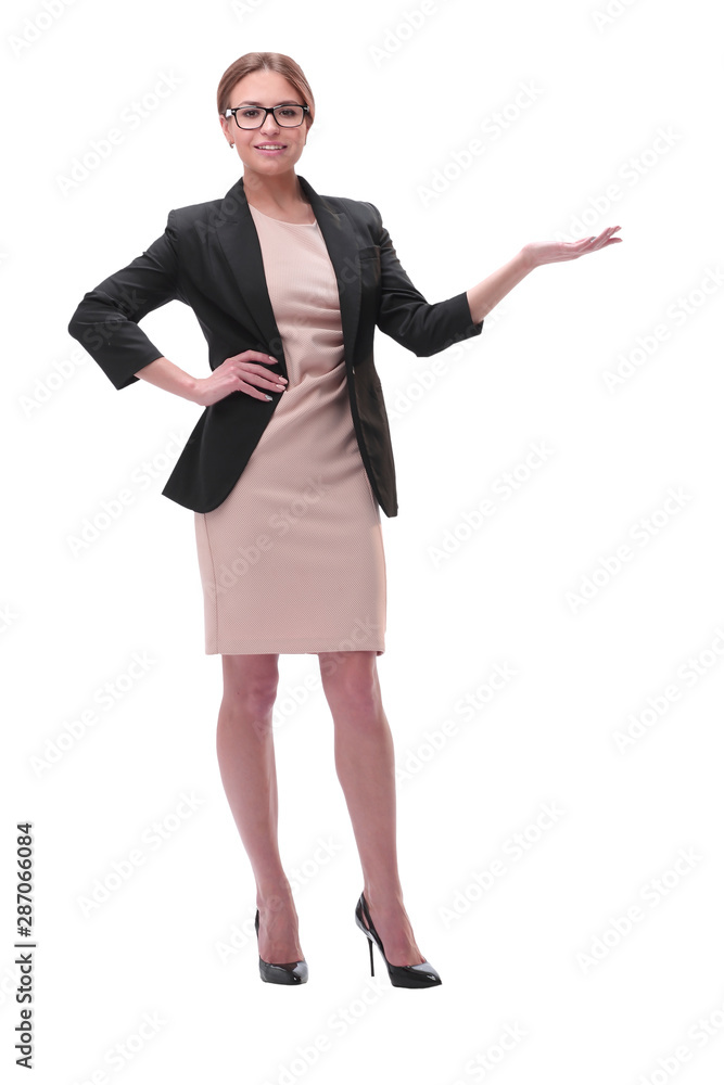 Businesswoman holding blank copy space on her open palm standing in full length Businesswoman holding blank copy space on her open palm standing in full length