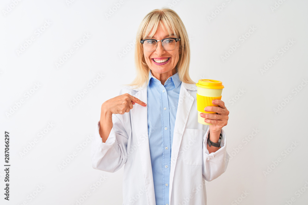 Middle age scientist woman wearing glasses drinking coffee over isolated white background with surprise face pointing finger to himself Middle age scientist woman wearing glasses drinking coffee over isolated white background with surprise face pointing finger to himself