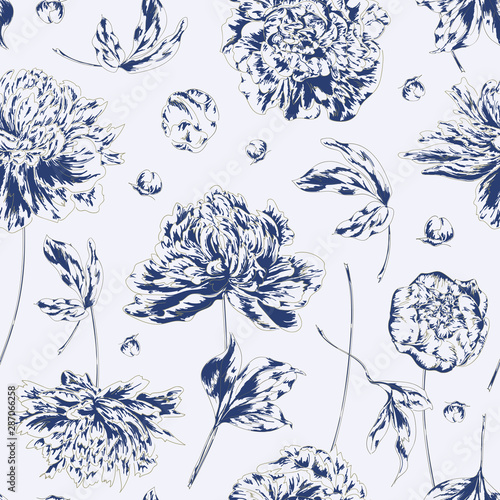 Seamless vector floral pattern with outline hand drawn peony flowers in blue colors on white background. Endless print in modern style