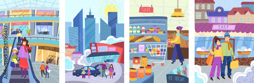 Set of four colorful vector posters of family shopping with a mother and daughter in a mall, father grocery shopping, couple outside a shop having a sale and family at their car in town