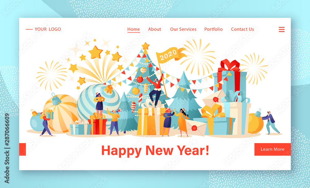 Сoncept for website or web page design on theme of celebrating New Year. Concept of landing page with friendly, small, flat cartoon people characters that preparing for holiday and prepare gifts.