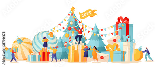 Fototapeta Naklejka Na Ścianę i Meble -  New Year trendy card. Background with small flat cartoon people characters that preparing for holiday. Bright toys for the Christmas tree, garlands and decorations. People have fun and prepare gifts.