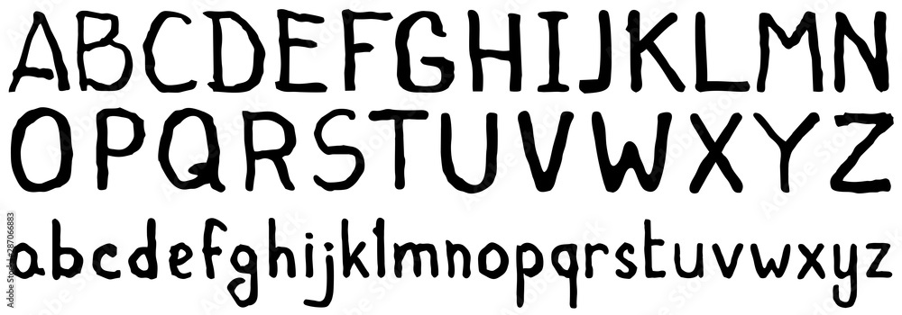 Written alphabet, black ink brush lettering, abc latin alphabet, grunge font style. Upper and lower case. Vector